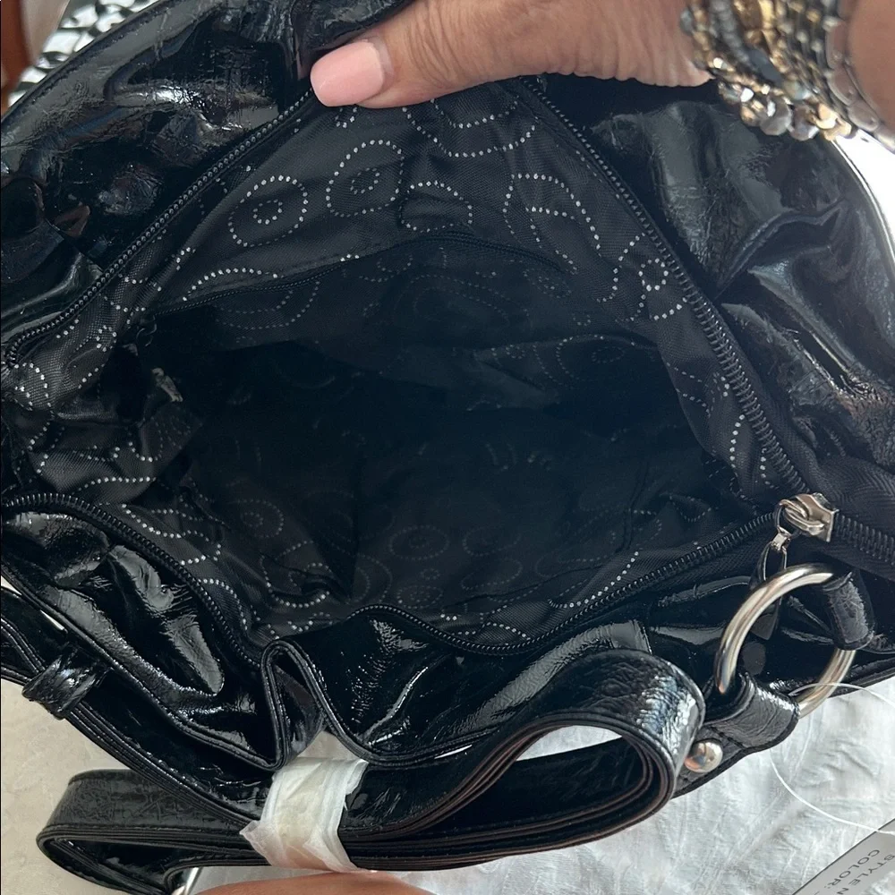 Chic Black Women's Shoulder Bag with Floral & Crystal Accent